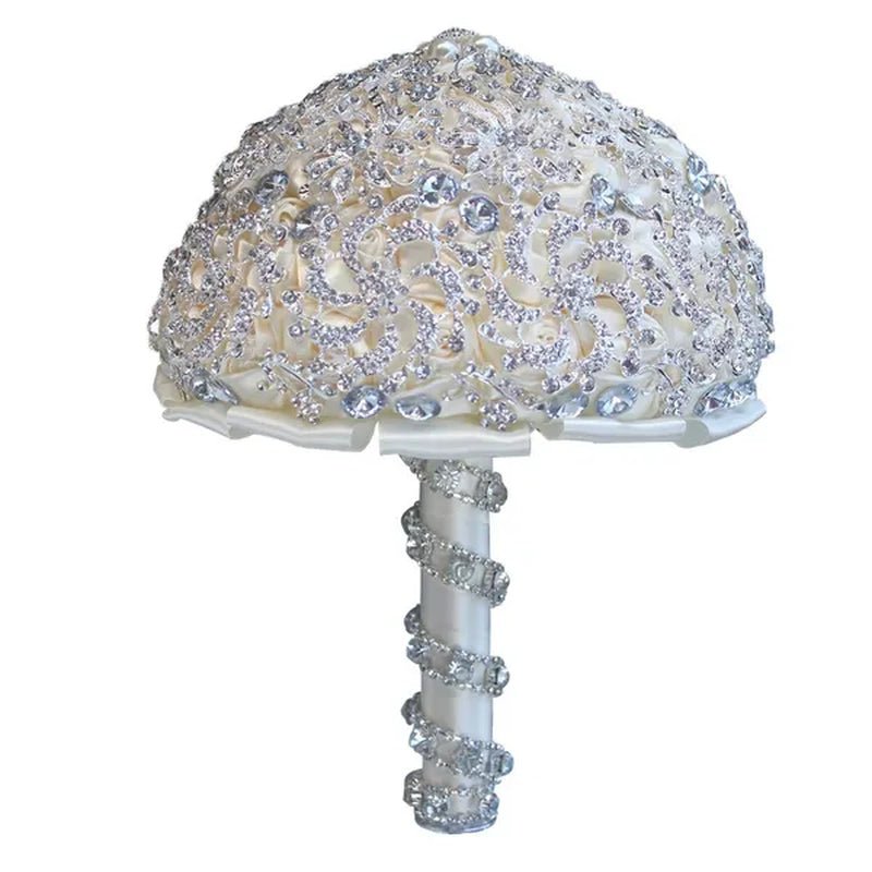 18CM Luxurious Shiny Full Diamonds Brooch Bouquet Silver Rhinestone Bridal Bouquet Ribbon Satin Rose Wedding Bride Holding Flowers