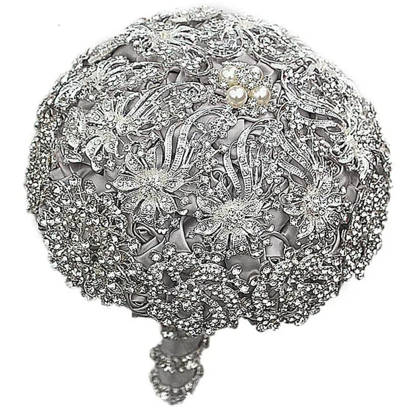 18CM Luxurious Shiny Full Diamonds Brooch Bouquet Silver Rhinestone Bridal Bouquet Ribbon Satin Rose Wedding Bride Holding Flowers - WORLD TIME VISITS