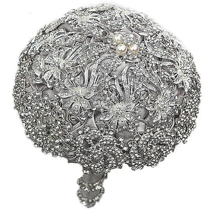 18CM Luxurious Shiny Full Diamonds Brooch Bouquet Silver Rhinestone Bridal Bouquet Ribbon Satin Rose Wedding Bride Holding Flowers - WORLD TIME VISITS