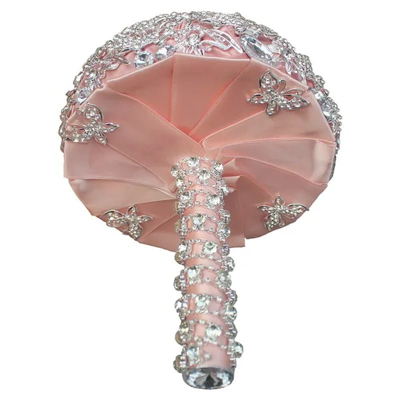 18CM Luxurious Shiny Full Diamonds Brooch Bouquet Silver Rhinestone Bridal Bouquet Ribbon Satin Rose Wedding Bride Holding Flowers