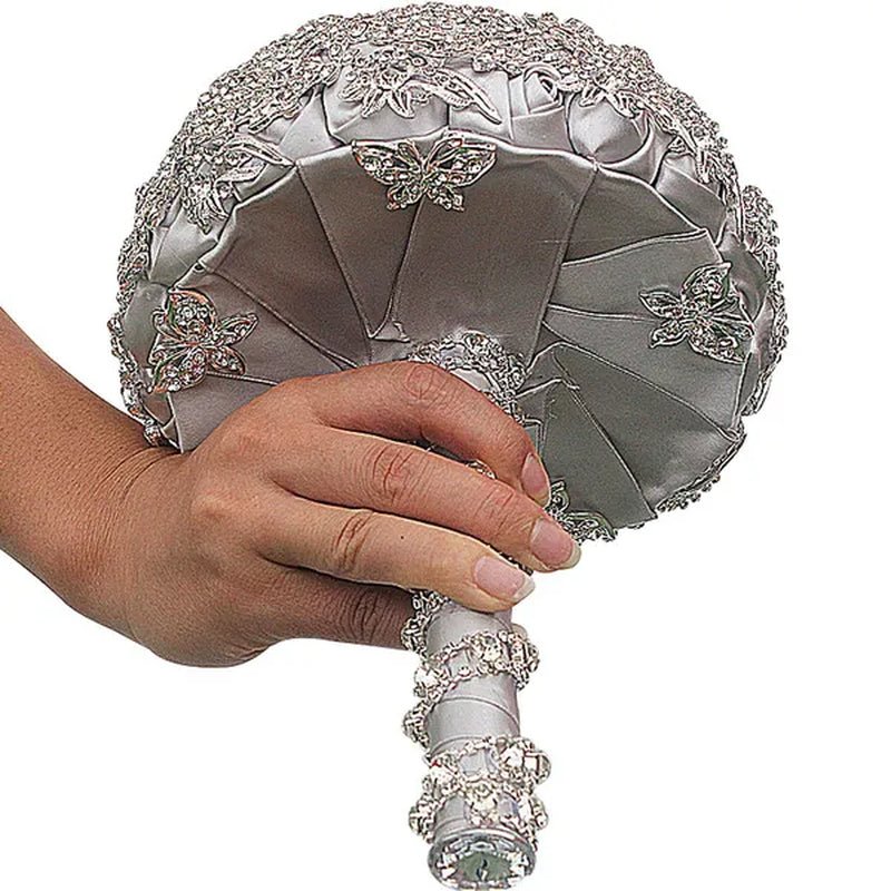 18CM Luxurious Shiny Full Diamonds Brooch Bouquet Silver Rhinestone Bridal Bouquet Ribbon Satin Rose Wedding Bride Holding Flowers - WORLD TIME VISITS