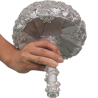 18CM Luxurious Shiny Full Diamonds Brooch Bouquet Silver Rhinestone Bridal Bouquet Ribbon Satin Rose Wedding Bride Holding Flowers - WORLD TIME VISITS