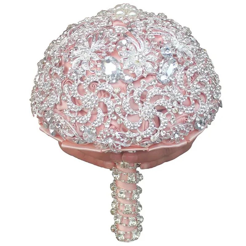 18CM Luxurious Shiny Full Diamonds Brooch Bouquet Silver Rhinestone Bridal Bouquet Ribbon Satin Rose Wedding Bride Holding Flowers