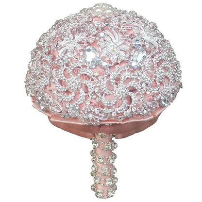18CM Luxurious Shiny Full Diamonds Brooch Bouquet Silver Rhinestone Bridal Bouquet Ribbon Satin Rose Wedding Bride Holding Flowers