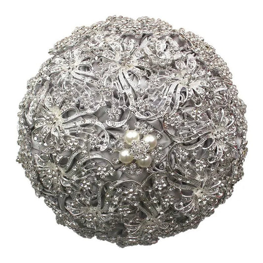 18CM Luxurious Shiny Full Diamonds Brooch Bouquet Silver Rhinestone Bridal Bouquet Ribbon Satin Rose Wedding Bride Holding Flowers - WORLD TIME VISITS