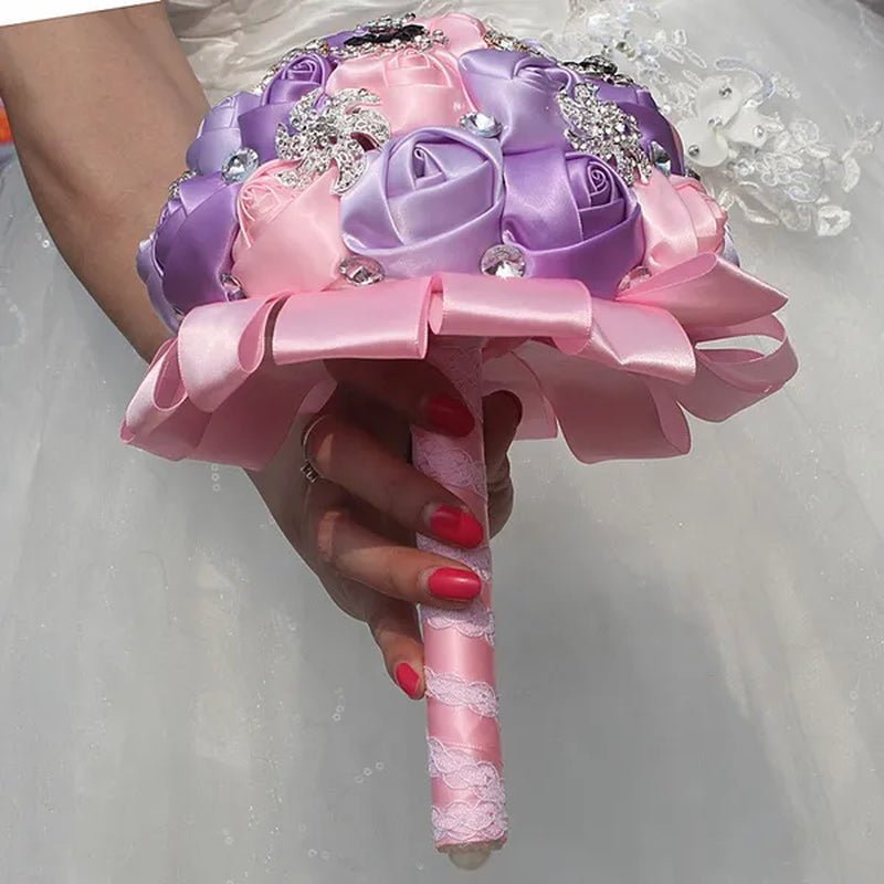 18CM Mixed Color Simulation Silk Flower Wedding Bouquet Romantic Purple Pink Bride Holding Flowers Crystal Diamond Brooch Wedding Bridesmaid Flower - WORLD TIME VISITS