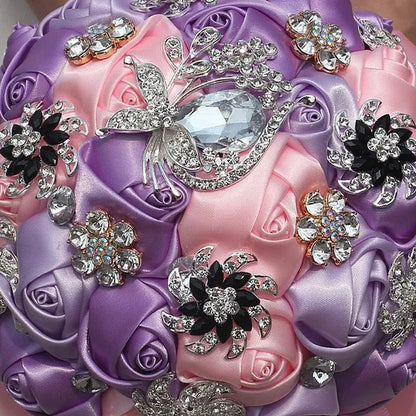18CM Mixed Color Simulation Silk Flower Wedding Bouquet Romantic Purple Pink Bride Holding Flowers Crystal Diamond Brooch Wedding Bridesmaid Flower