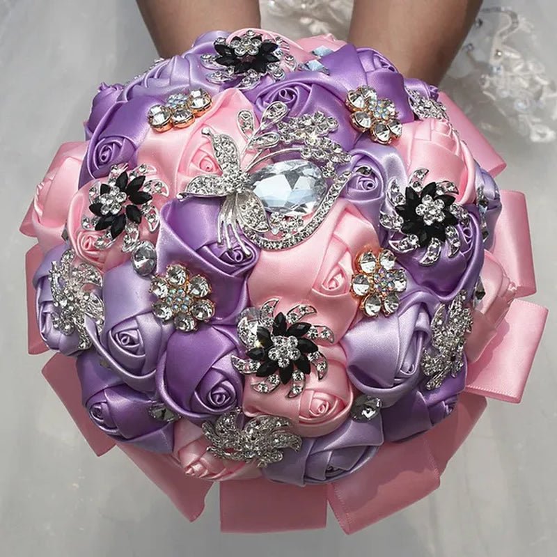 18CM Mixed Color Simulation Silk Flower Wedding Bouquet Romantic Purple Pink Bride Holding Flowers Crystal Diamond Brooch Wedding Bridesmaid Flower - WORLD TIME VISITS