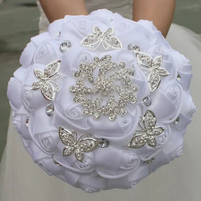 18CM White Bride Holding Flowers Butterfly Flower Diamond Brooch Wedding Bouquet Bridal Mariage Stitch Wedding Bouquet Ribbon Bridesmaid Bouquet - WORLD TIME VISITS