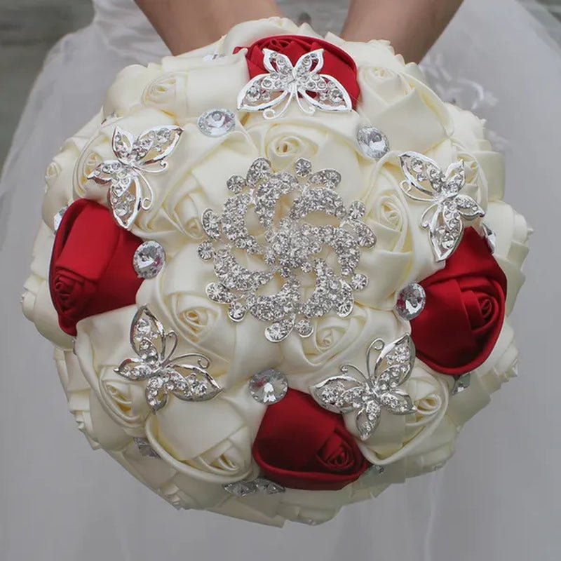 18CM White Bride Holding Flowers Butterfly Flower Diamond Brooch Wedding Bouquet Bridal Mariage Stitch Wedding Bouquet Ribbon Bridesmaid Bouquet - WORLD TIME VISITS