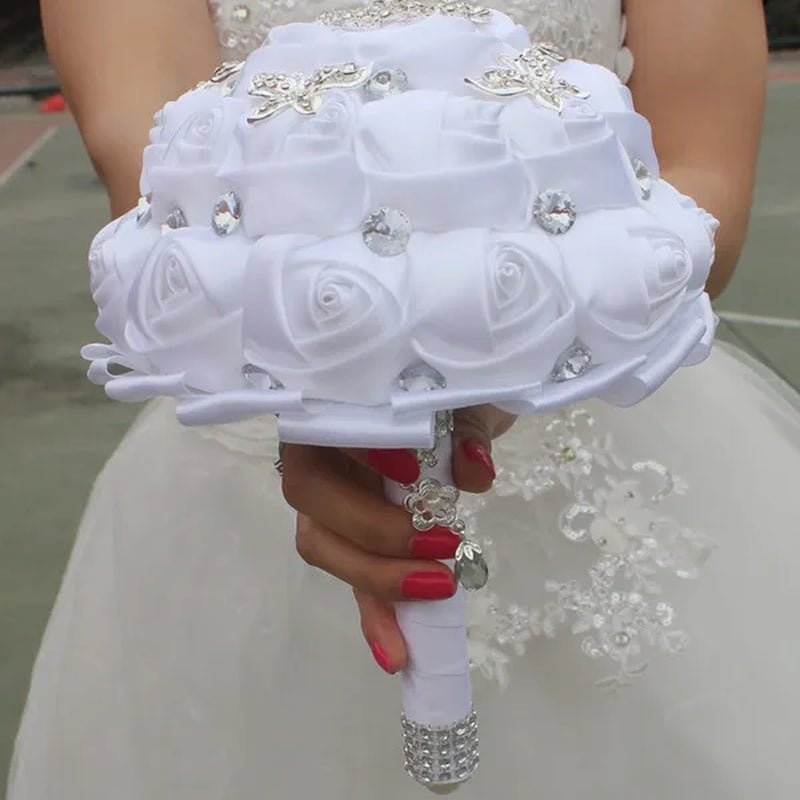 18CM White Bride Holding Flowers Butterfly Flower Diamond Brooch Wedding Bouquet Bridal Mariage Stitch Wedding Bouquet Ribbon Bridesmaid Bouquet - WORLD TIME VISITS