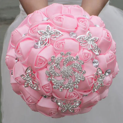 18CM White Bride Holding Flowers Butterfly Flower Diamond Brooch Wedding Bouquet Bridal Mariage Stitch Wedding Bouquet Ribbon Bridesmaid Bouquet - WORLD TIME VISITS