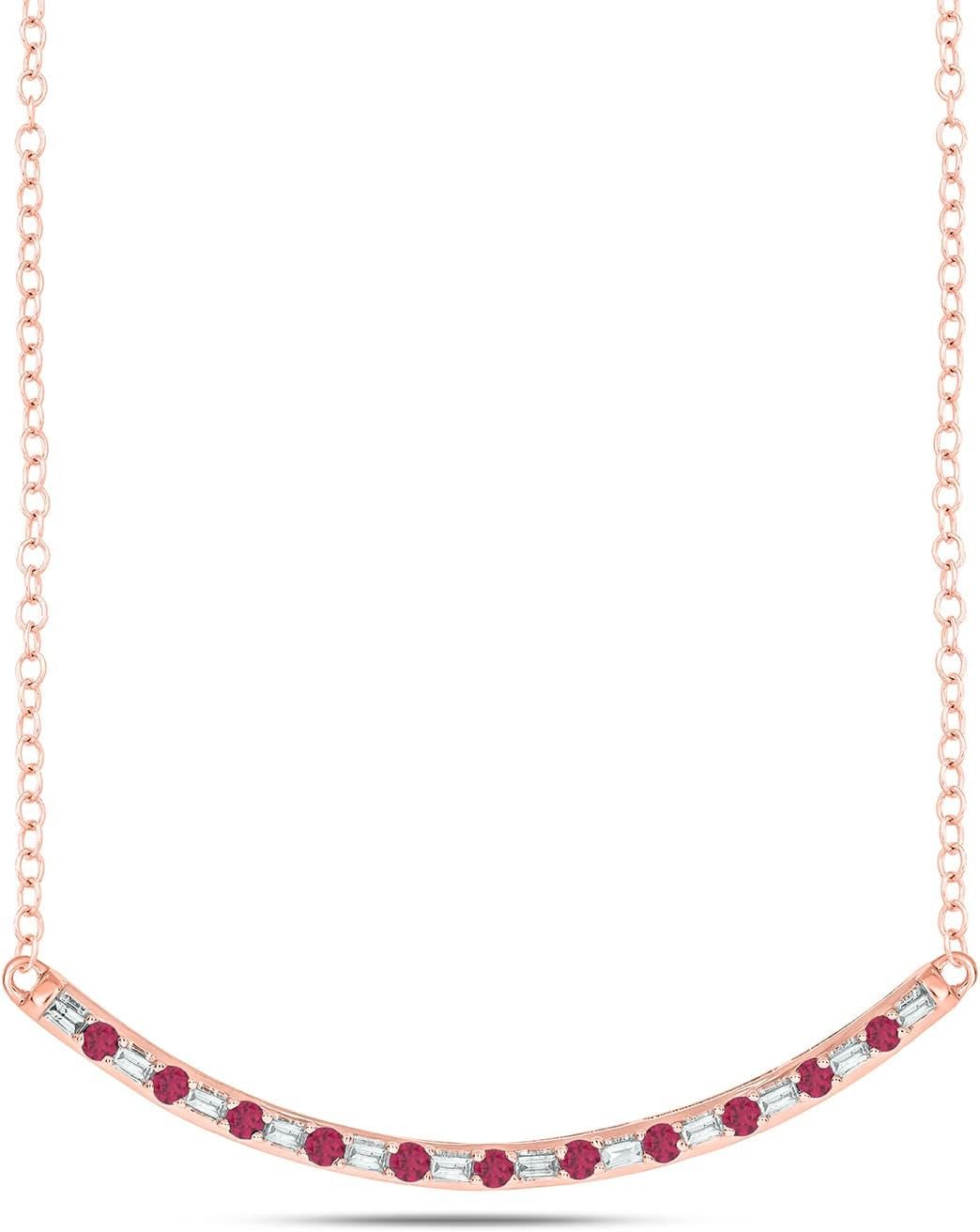 1/8Cttw Baguette and round Gemstone Necklace for Women, Diamond and Gemstone Bar Necklace in 14K Yellow, Rose or White Gold, Women'S Curved Line Necklace in Choice of Four Natural Gemstones, 18" Chain - WORLD TIME VISITS
