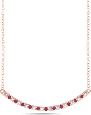1/8Cttw Baguette and round Gemstone Necklace for Women, Diamond and Gemstone Bar Necklace in 14K Yellow, Rose or White Gold, Women'S Curved Line Necklace in Choice of Four Natural Gemstones, 18" Chain