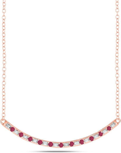 1/8Cttw Baguette and round Gemstone Necklace for Women, Diamond and Gemstone Bar Necklace in 14K Yellow, Rose or White Gold, Women'S Curved Line Necklace in Choice of Four Natural Gemstones, 18" Chain - WORLD TIME VISITS