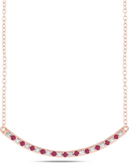 1/8Cttw Baguette and round Gemstone Necklace for Women, Diamond and Gemstone Bar Necklace in 14K Yellow, Rose or White Gold, Women'S Curved Line Necklace in Choice of Four Natural Gemstones, 18" Chain - WORLD TIME VISITS