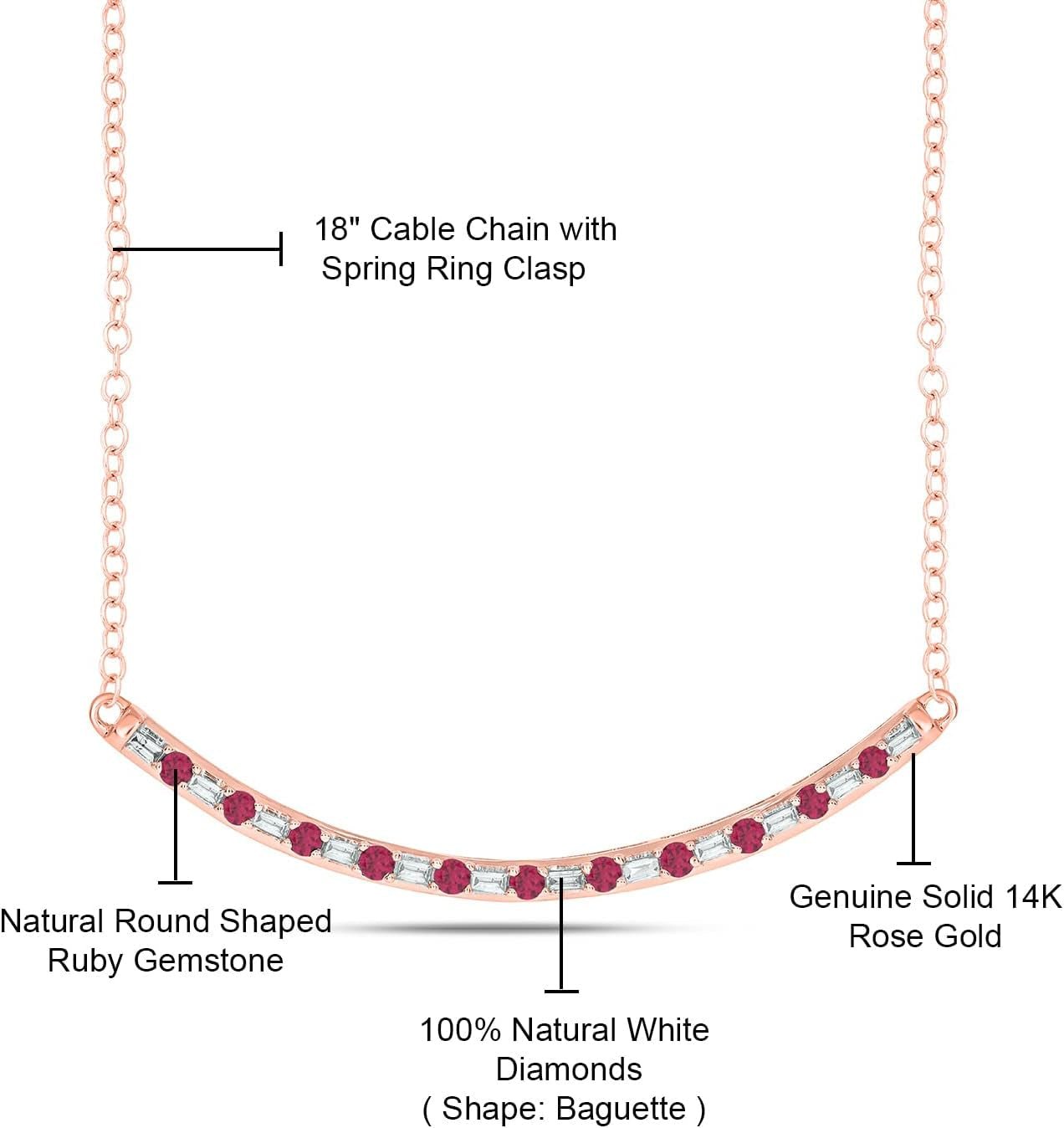 1/8Cttw Baguette and round Gemstone Necklace for Women, Diamond and Gemstone Bar Necklace in 14K Yellow, Rose or White Gold, Women'S Curved Line Necklace in Choice of Four Natural Gemstones, 18" Chain - WORLD TIME VISITS