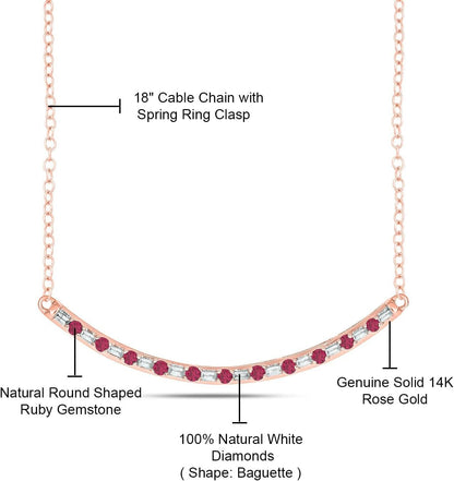 1/8Cttw Baguette and round Gemstone Necklace for Women, Diamond and Gemstone Bar Necklace in 14K Yellow, Rose or White Gold, Women'S Curved Line Necklace in Choice of Four Natural Gemstones, 18" Chain - WORLD TIME VISITS