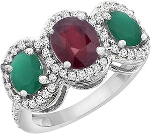 10K White Gold Natural Quality Ruby & Cabochon Emerald 3-Stone Mothers Ring Oval Diamond Accent, Sz5-10