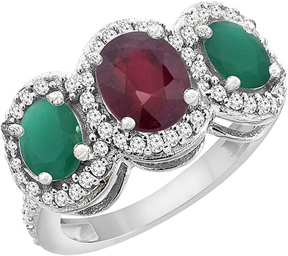 14K White Gold Enhanced Ruby & Cabochon Emerald 3-Stone Ring Oval Diamond Accent, Sizes 5-10