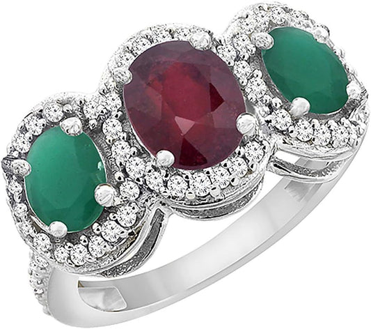 14K White Gold Enhanced Ruby & Cabochon Emerald 3-Stone Ring Oval Diamond Accent, Sizes 5-10