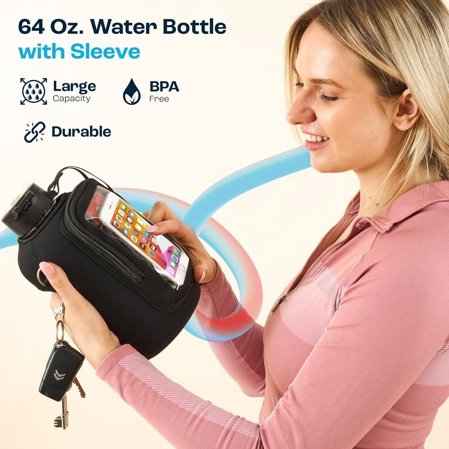 64 Oz Water Bottle with Time Marker - BPA Free Half Gallon Water Bottle with Straw - Gym Water Bottle with Handle, Gallon Water Jug, Big Water Bottle, Large Water Bottle (Camo, 64 Oz with Sleeve)