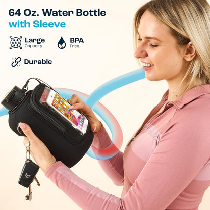 64 Oz Water Bottle with Time Marker - BPA Free Half Gallon Water Bottle with Straw - Gym Water Bottle with Handle, Gallon Water Jug, Big Water Bottle, Large Water Bottle (Camo, 64 Oz with Sleeve)