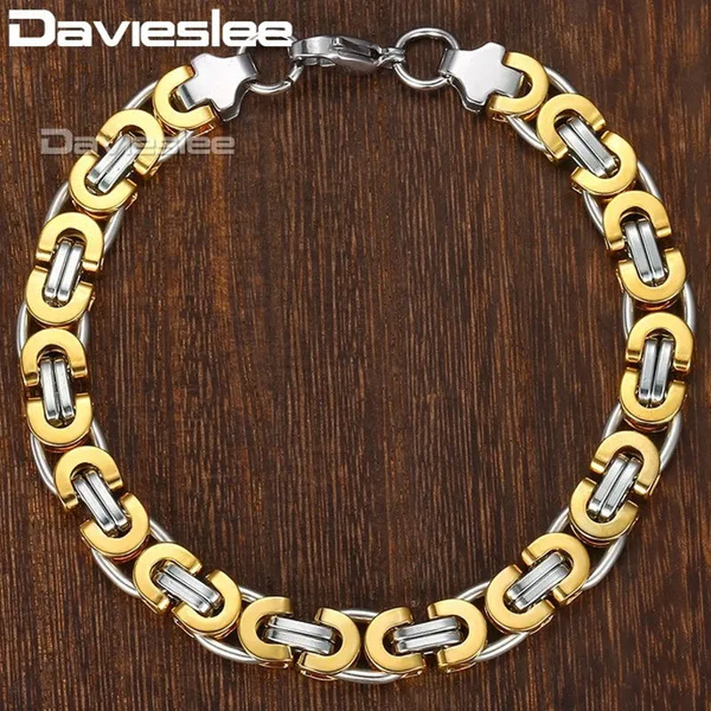 Davieslee Mens Fashion Flat Byzantine Link Silver Tone Stainless Steel Chain Bracelet - WORLD TIME VISITS