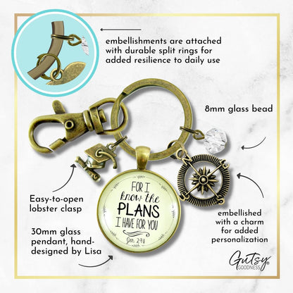 Graduate for I Know Plans Womens Keychain Boho Bronze Faith Jewelry Gift Key Ring - Handmade Pendant Religious Verse Jeremiah 2911 Graduation Tassel Cap Charm & Bead, Ready to Gift Message Card & Box