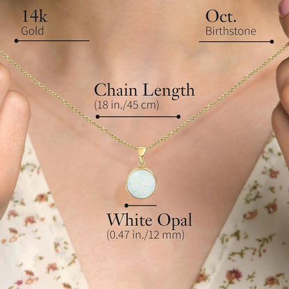 14K Gold White Opal Necklace - 14K Solid Yellow Gold Dainty Necklace with October Birthstone Pendant, 12Mm Large Size Opal Gemstone - Handmade Bridal Wedding Jewelry for Brides & Classy Women
