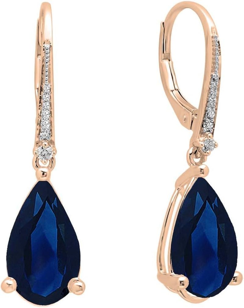 18K 14X8 MM Each Pear Lab Created Gemstone & round White Diamond Teardrop Dangling Drop Earrings, Rose Gold - WORLD TIME VISITS
