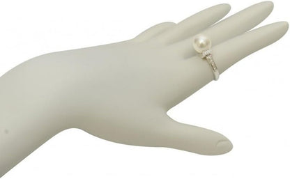18K Gold 10-11Mm round Genuine White South Sea Cultured Pearl & Diamond Ring for Women
