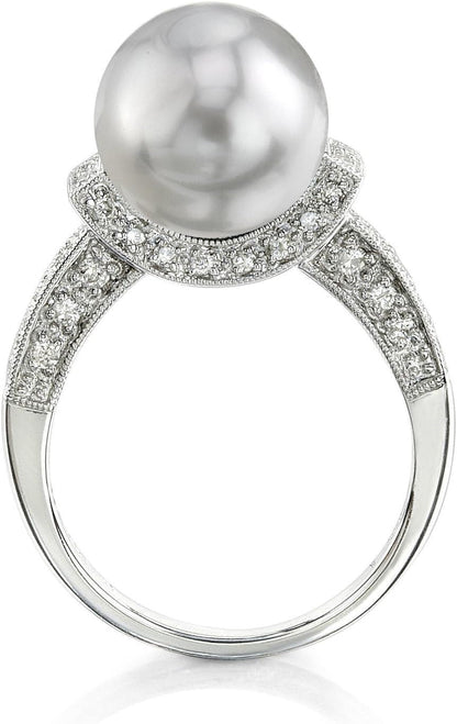 18K Gold 10 - 11Mm round Genuine White South Sea Cultured Pearl & Diamond Ring for Women - WORLD TIME VISITS