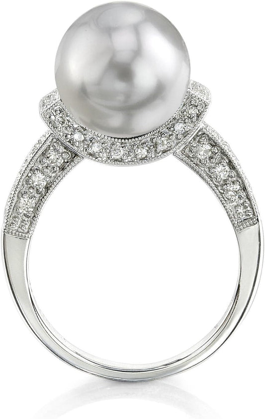 18K Gold 10 - 11Mm round Genuine White South Sea Cultured Pearl & Diamond Ring for Women - WORLD TIME VISITS