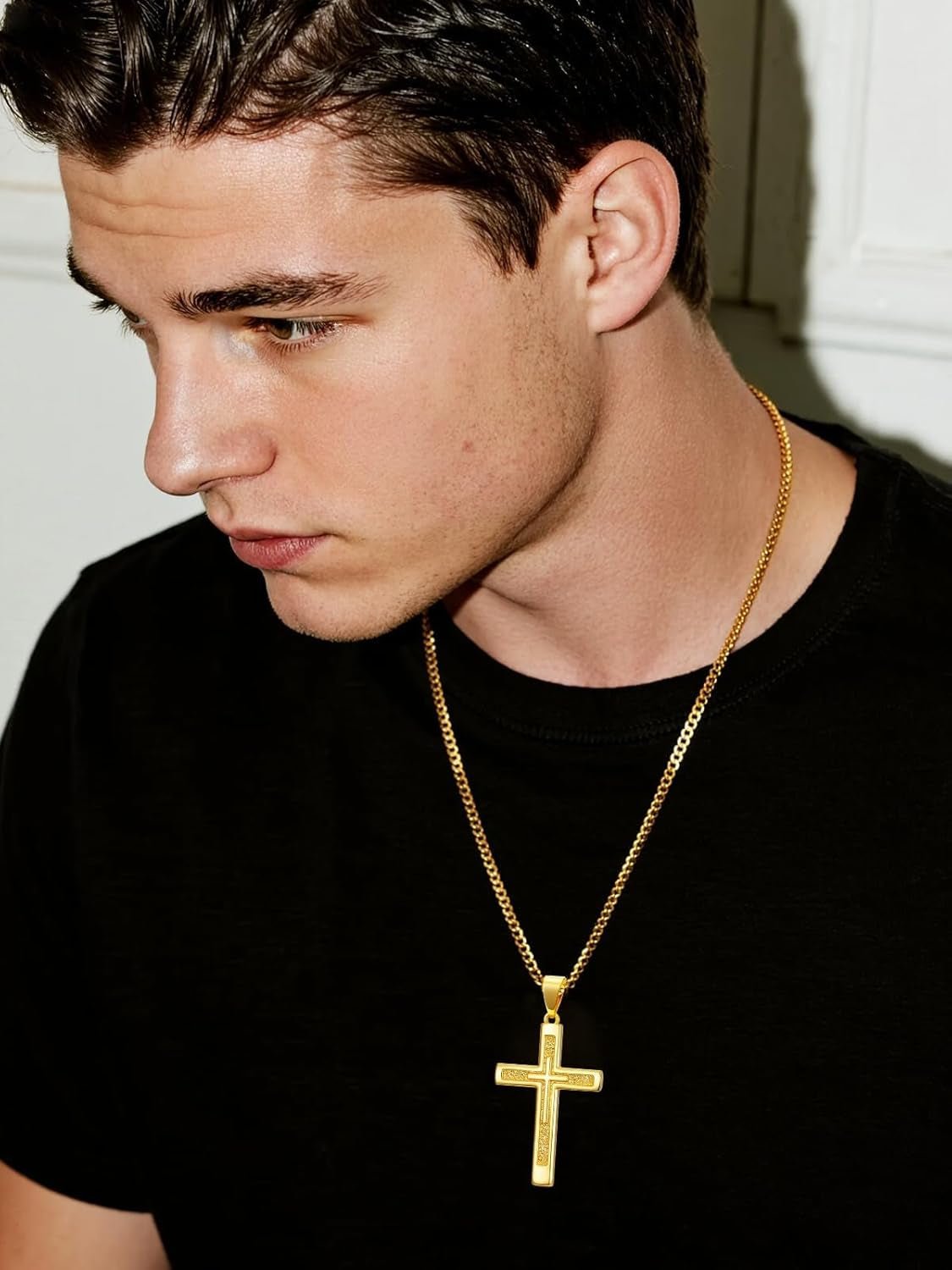 18K Gold Cross Necklace for Men Gold Cross Pendant Minimalist Cross Christian Jewelry Religious Gift