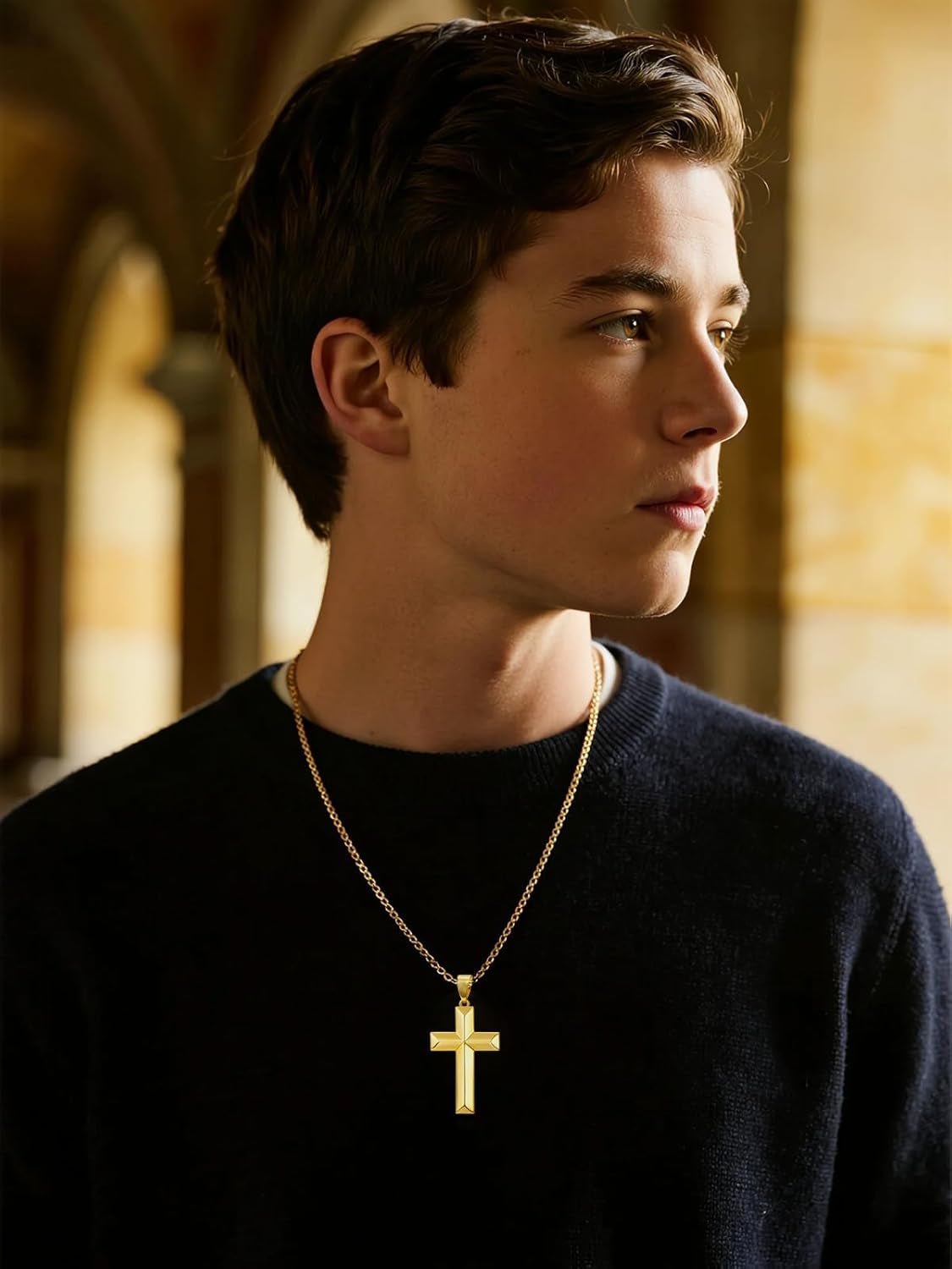 18K Gold Cross Necklace for Men Gold Cross Pendant Minimalist Cross Christian Jewelry Religious Gift