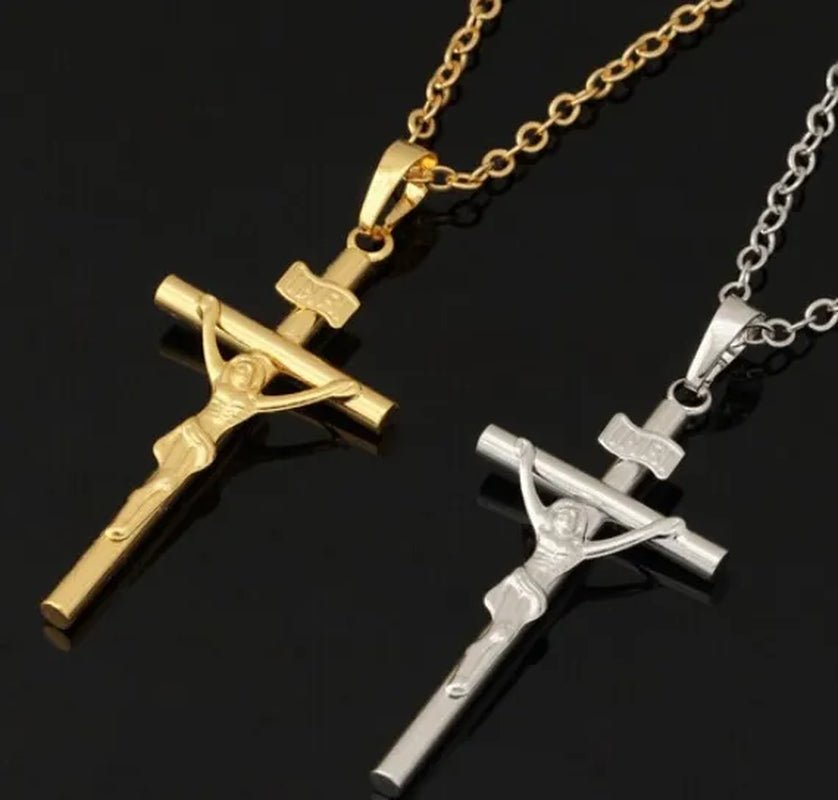 18K GOLD FILLED JESUS CHRIST CRUCIFIX CROSS PENDANT CHAIN NECKLACE WHITE GOLD PLATED