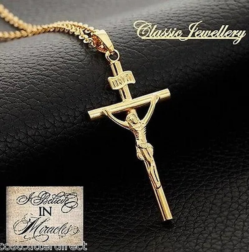 18K GOLD FILLED JESUS CHRIST CRUCIFIX CROSS PENDANT CHAIN NECKLACE WHITE GOLD PLATED - WORLD TIME VISITS