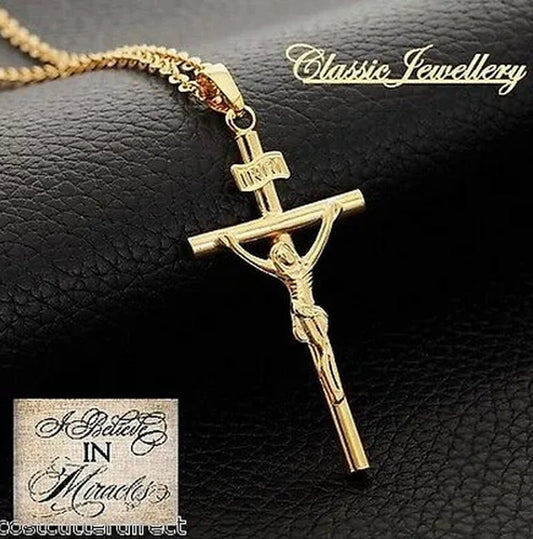 18K GOLD FILLED JESUS CHRIST CRUCIFIX CROSS PENDANT CHAIN NECKLACE WHITE GOLD PLATED - WORLD TIME VISITS