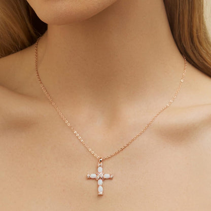 18K Gold Plated Created Opal Cross with Chain, 18 Inches with 2 Inches Extension