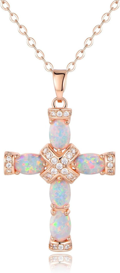 18K Gold Plated Created Opal Cross with Chain, 18 Inches with 2 Inches Extension - WORLD TIME VISITS