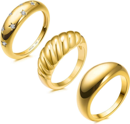 18K Gold Plated Croissant Braided Twisted Signet Chunky Dome Ring Stacking Star Band for Women and Men Statement Wedding Ring Minimalist Jewelry Size 5 to 10 - WORLD TIME VISITS