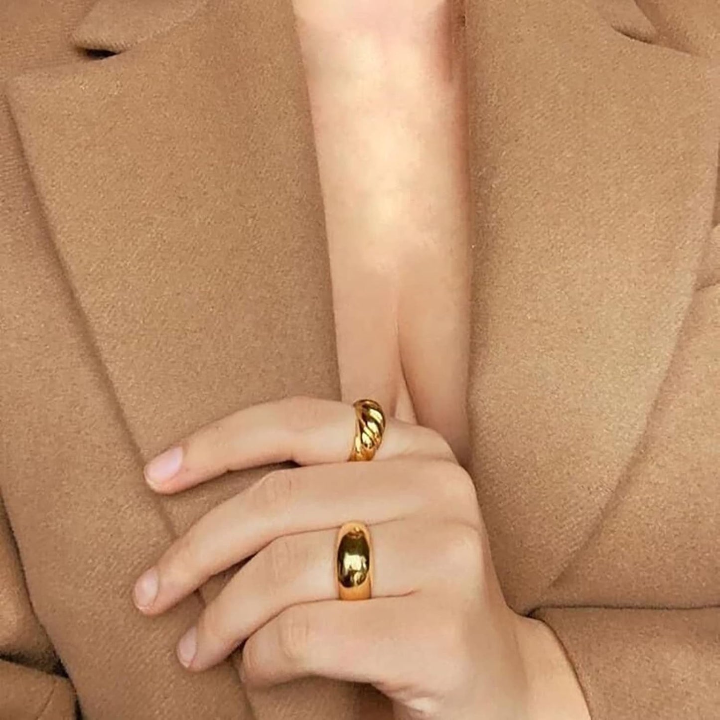 18K Gold Plated Croissant Braided Twisted Signet Chunky Dome Ring Stacking Star Band for Women and Men Statement Wedding Ring Minimalist Jewelry Size 5 to 10 - WORLD TIME VISITS