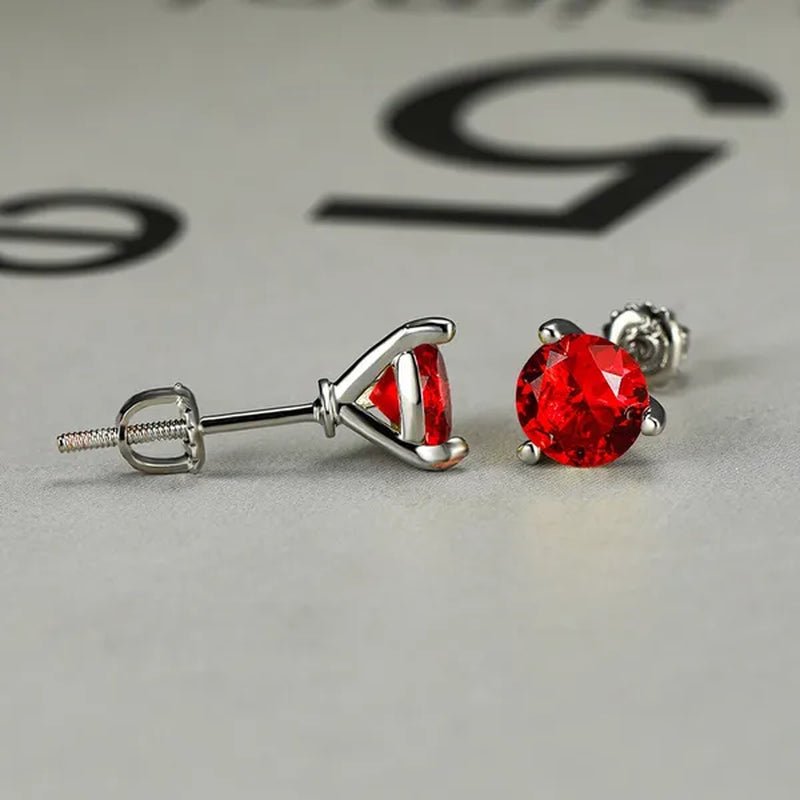 18K Gold Three-Prong Martini round Ruby Stud Earrings Bride Wedding Engagement Jewelry Gifts 7Mm/8Mm
