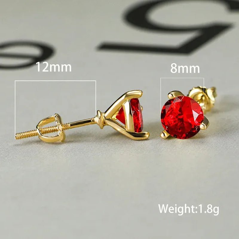 18K Gold Three-Prong Martini round Ruby Stud Earrings Bride Wedding Engagement Jewelry Gifts 7Mm/8Mm