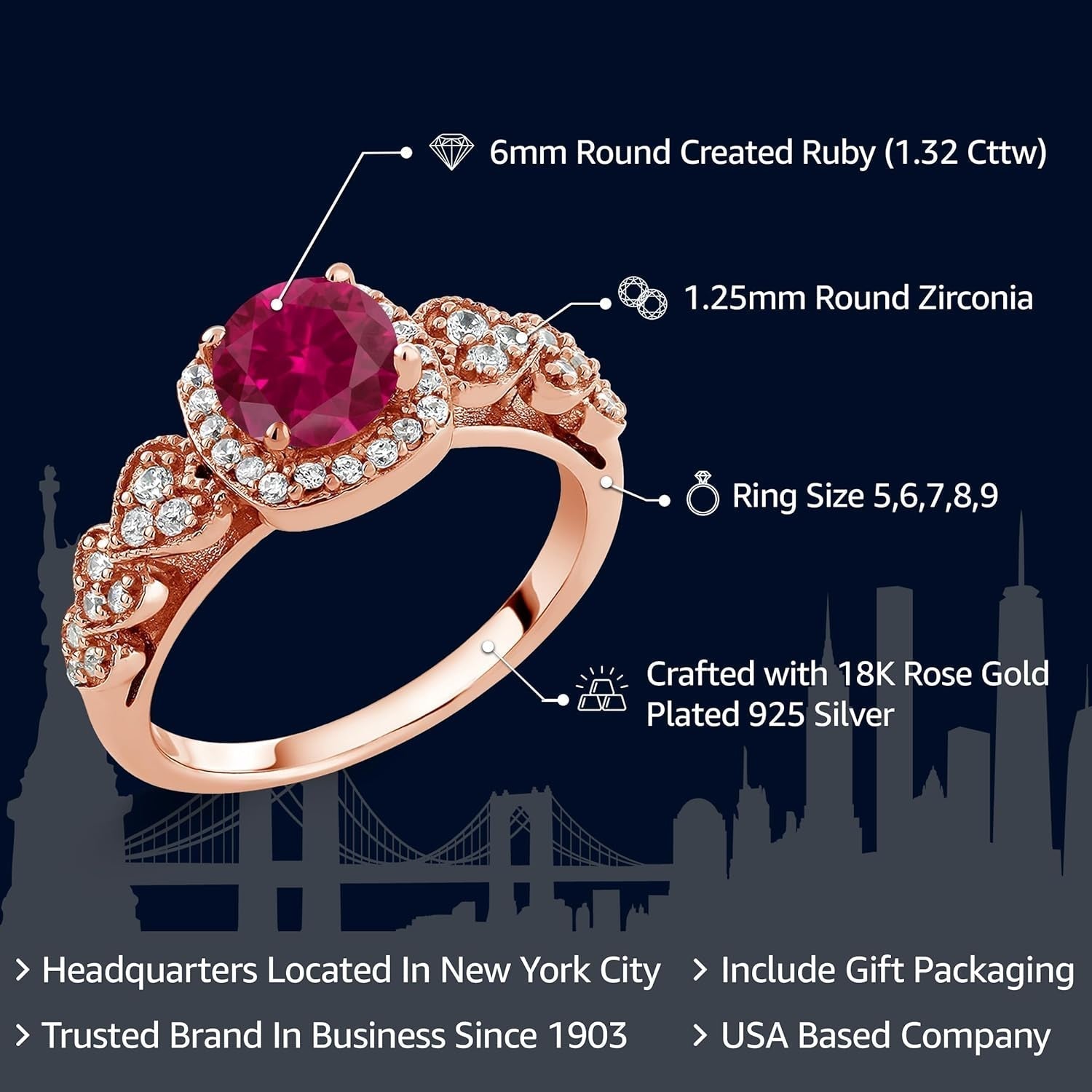 18K Rose Gold Plated Silver round Red Created Ruby Ring for Women (1.32 Cttw, Available in Size 5, 6, 7, 8, 9) - WORLD TIME VISITS