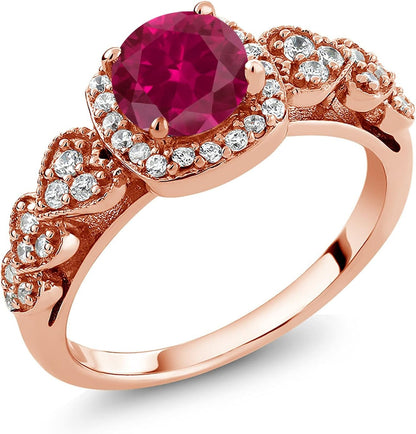 18K Rose Gold Plated Silver round Red Created Ruby Ring for Women (1.32 Cttw, Available in Size 5, 6, 7, 8, 9) - WORLD TIME VISITS