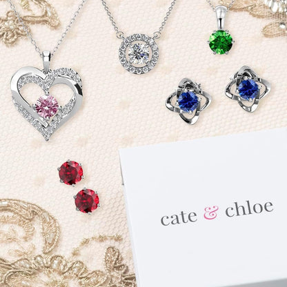 18K White Gold Plated Birthstone Necklaces for Women, Silver Necklace for Women, White Gold Pendant Necklace with round Cut Solitaire Crystals, Fashion Jewelry for Women