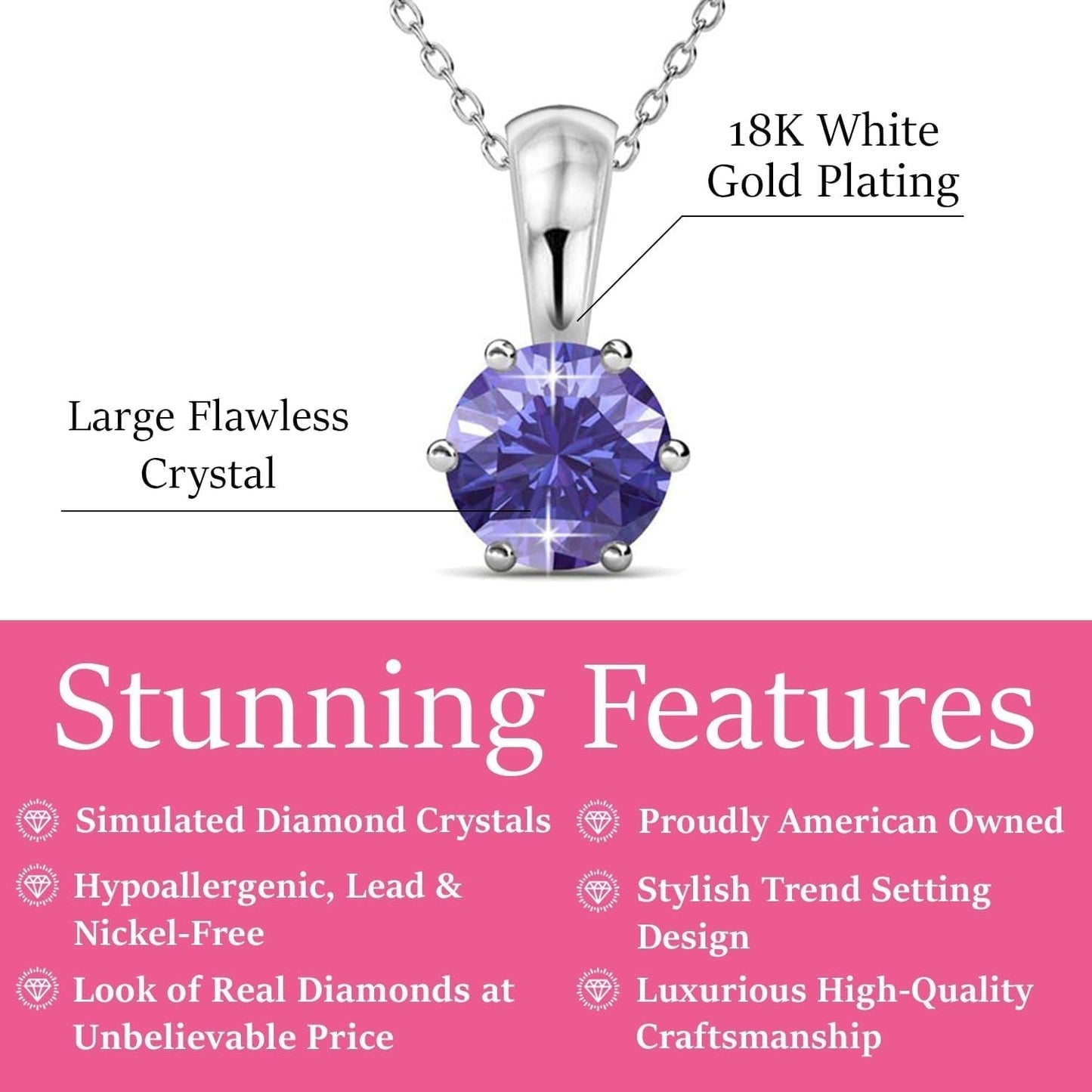 18K White Gold Plated Birthstone Necklaces for Women, Silver Necklace for Women, White Gold Pendant Necklace with round Cut Solitaire Crystals, Fashion Jewelry for Women