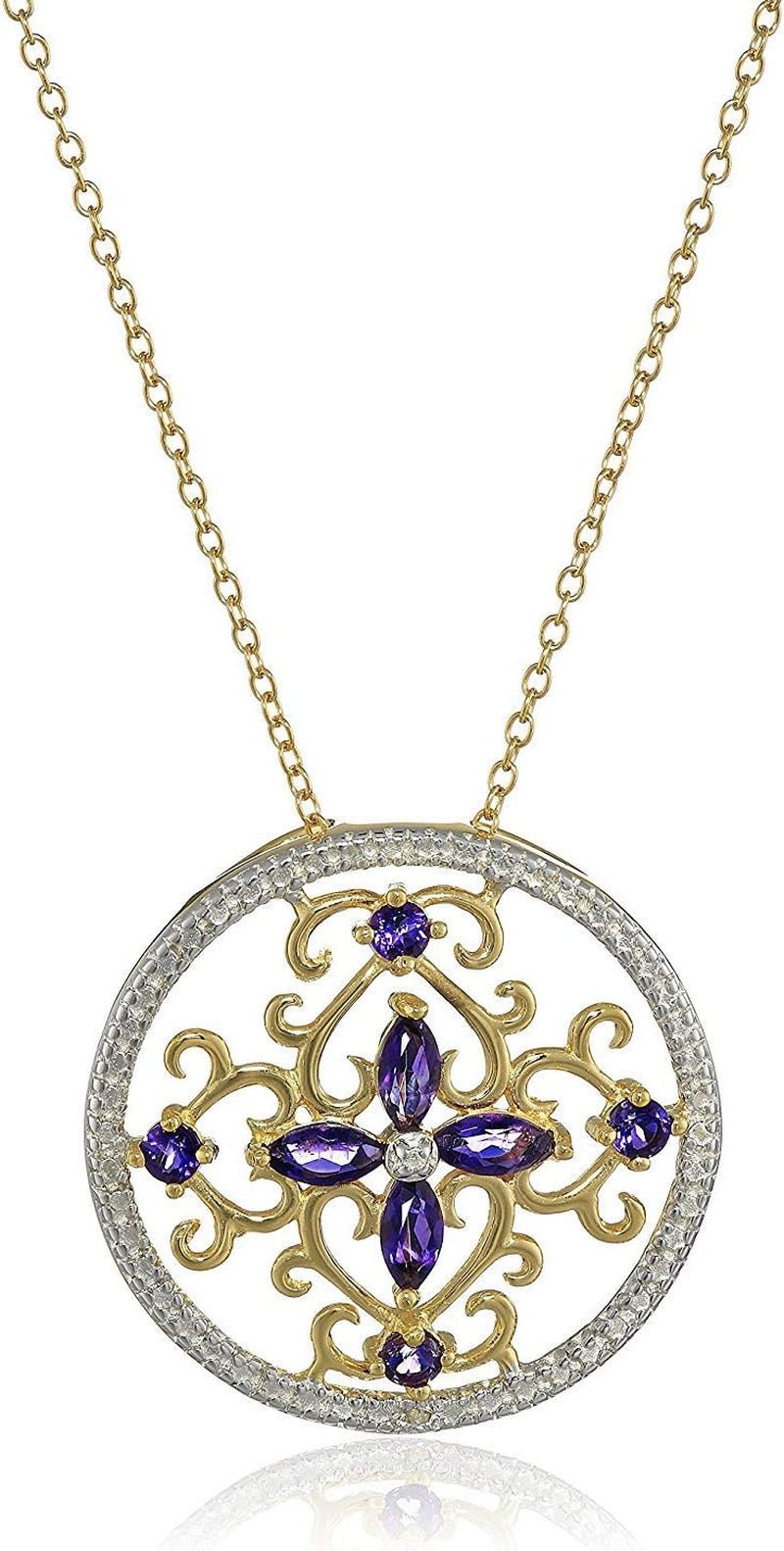 18K Yellow Gold - Plated .925 Sterling Silver Diamond - Accented Gemstone Floral Filigree Cross round 1" Pendant Necklace on 18" Chain - Choice of Birthstones - WORLD TIME VISITS